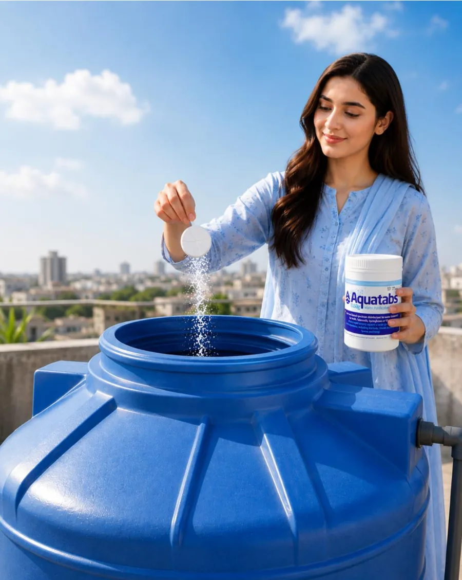 Adding an Aquatabs tablet to a rooftop water tank